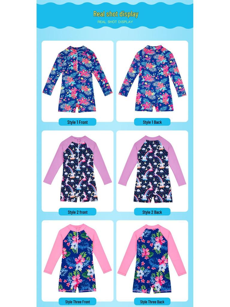 Girls' Long-Sleeve Unicorn One-Piece Swimsuit for Kids.