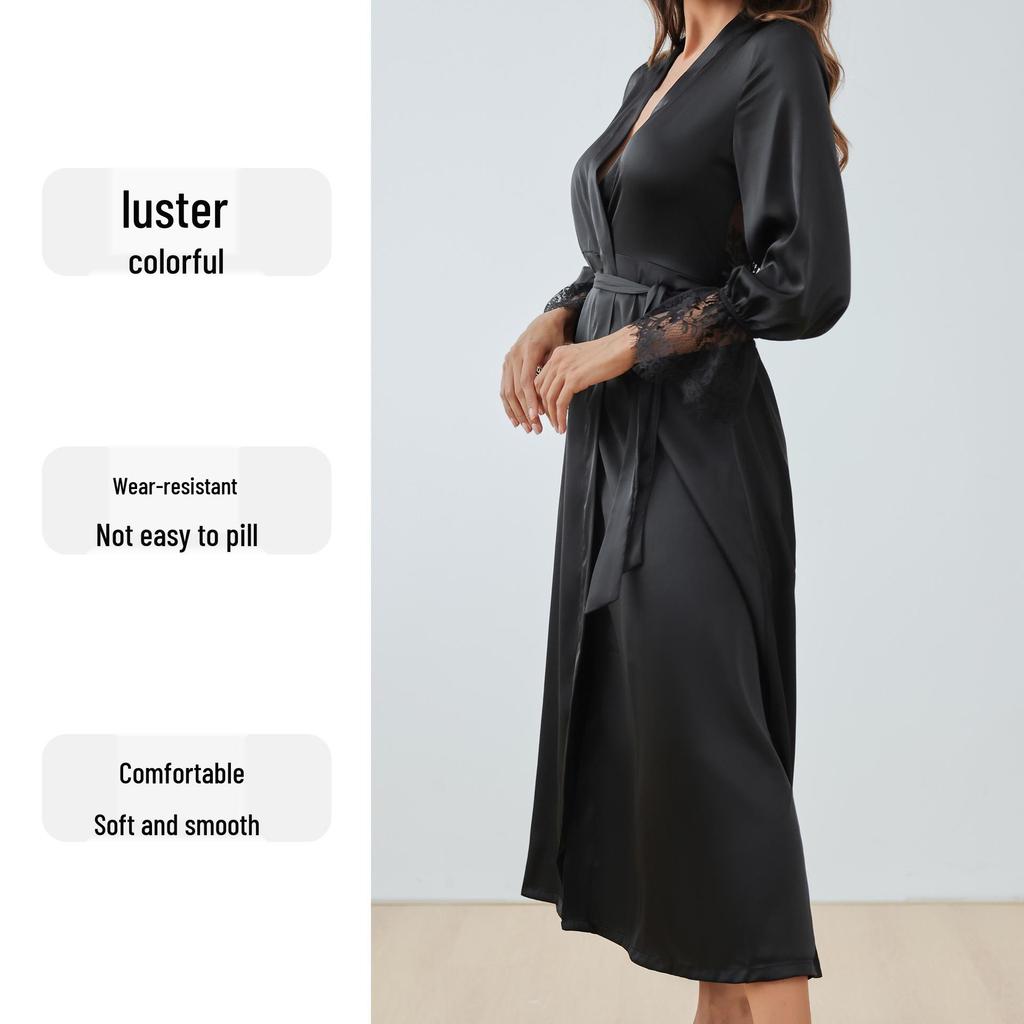 Yaoting Damen Satin Chiffon Nachthemd: Sommer Spitzen-Patchwork, Französisch Elegant, Sexy Rückenfreier Langer Morgenmantel.