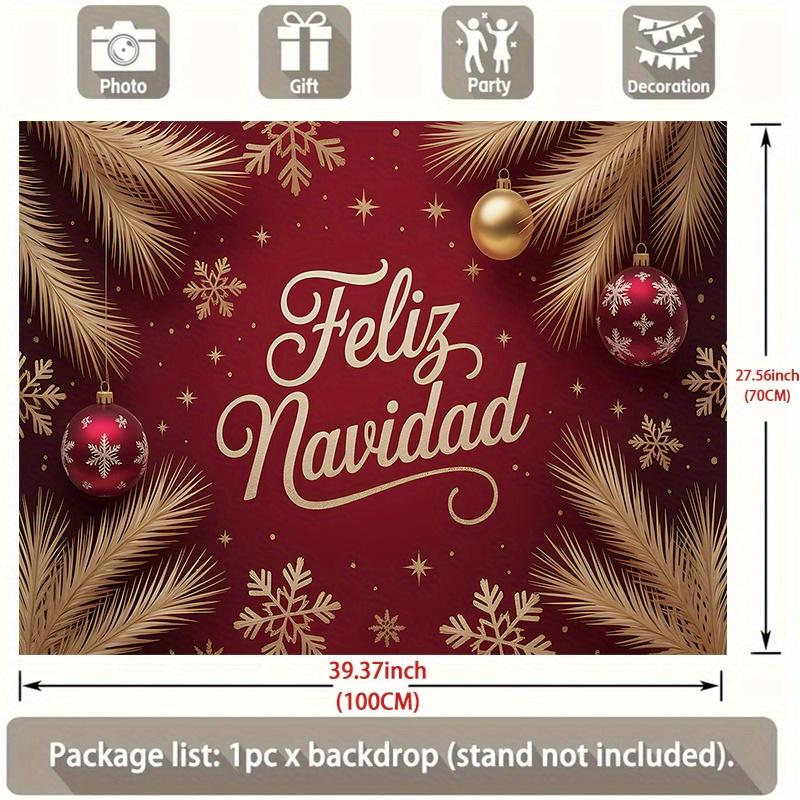 1 piece Spanish style "Feliz Navidad" Christmas banner with golden letters red snowflakes and pine branches design