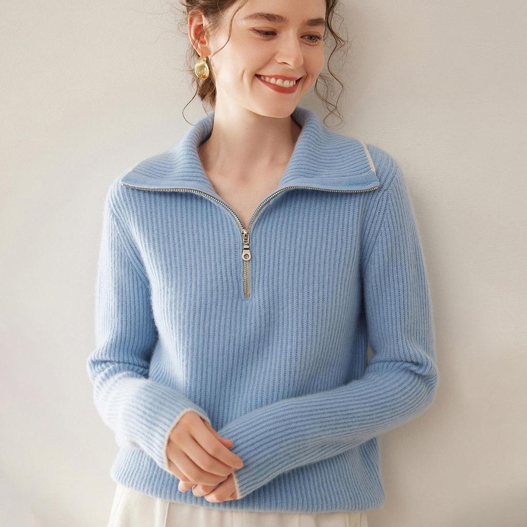 Women's Solid Cashmere Ribbed Half-Zip Sweater - Autumn/Winter
