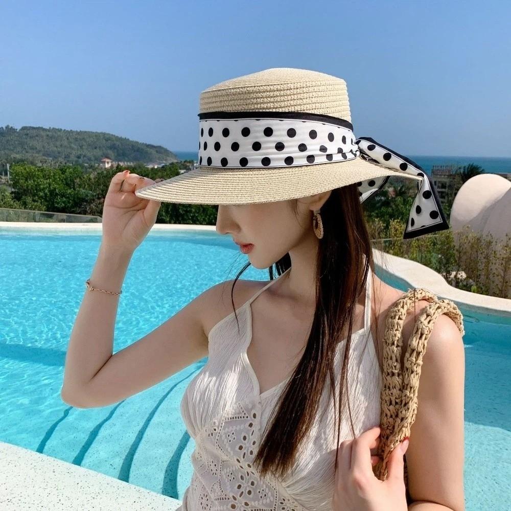 Dot Ribbon Beach Straw Cap Elegant Wide Brim Hat Fashion Sun Protection Cap  Summer Season