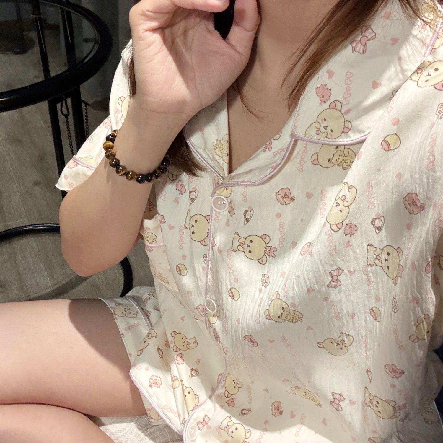 

Japanese princess style relaxed bear pajamas women s summer short-sleeved shorts set can be worn outside loungewear girl two-piece set S