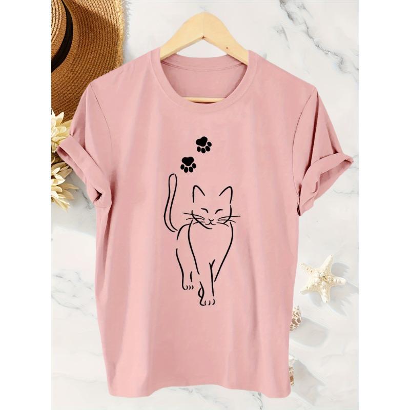Cat print short sleeved round neck T-shirt for women S
