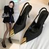 Summer 2025 Gold Leather Footwear High Heels Black Pointed Toe for Office Work Sandals Woman Thin Sexy Women's Shoes F Sandal H