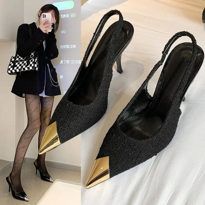 Summer 2025 Gold Leather Footwear High Heels Black Pointed Toe for Office Work Sandals Woman Thin Sexy Women's Shoes F Sandal H