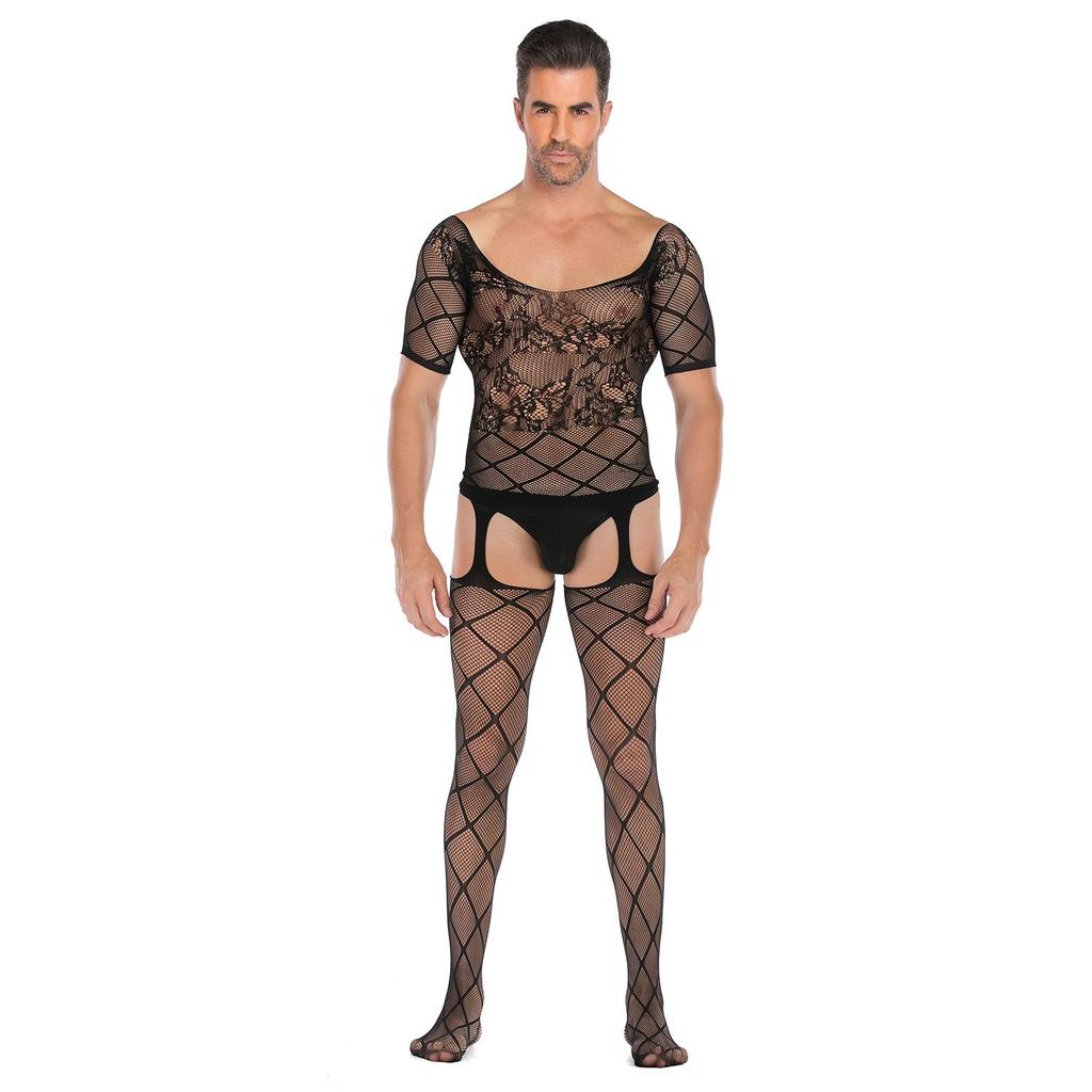 Men's Plus Size Open Crotch Fishnet Bodysuit Temptation Costume Set
