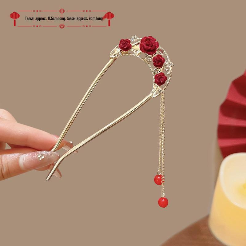 Elegant Red Rose Tassel Hairpin - U-shaped Hair Accessory for Women, Perfect for Updos and Traditional Attire.