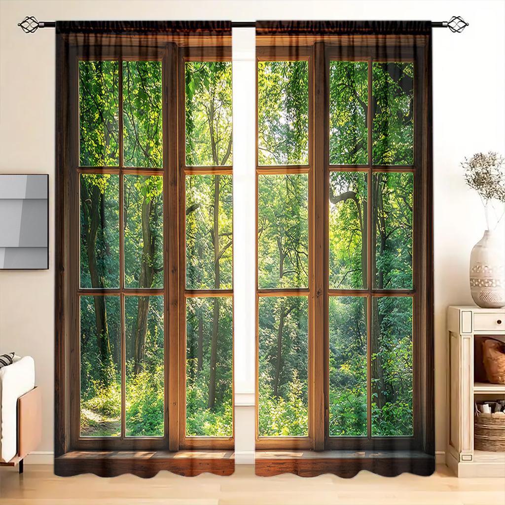 2pcs  Decorate The Forest Outside Printed Curtain for Home Decor - Rod Pocket Window Treatment for Bedroom, Office, Kitchen