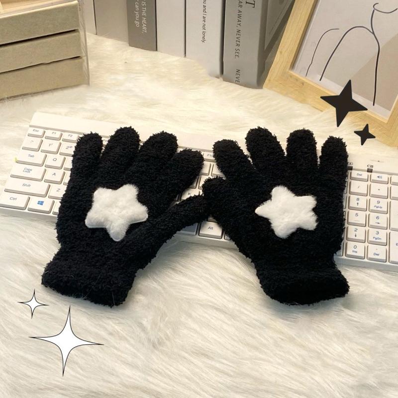 Women Coral Velvet Gloves Outdoor Warmer Soft Cartoon Star Cute Plush Cycling Solid Winter