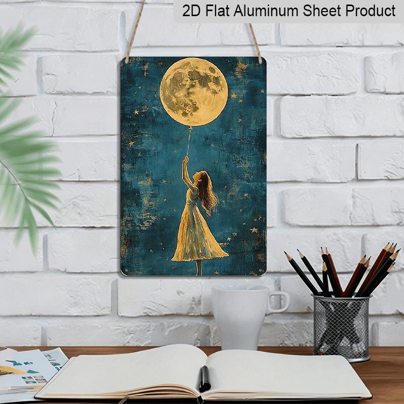 2D Flat 8X12 Inch Metal Wall Art Featuring A Dreamy Night Sky with A Golden Full Moon and A Girl Reaching for A Balloon. This Aluminium Plaque Is