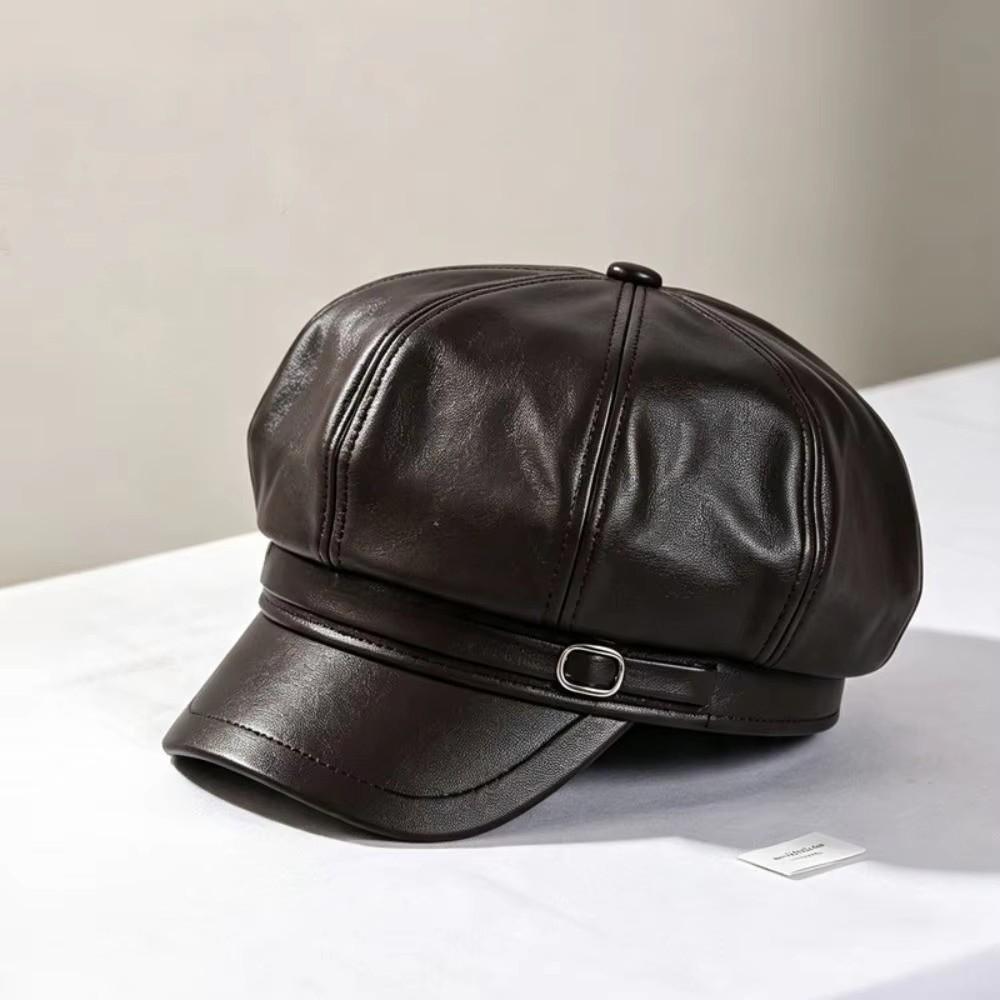 Solid Color Leather Painter Hat Versatile Octagonal hat Casual PU Beret Cap  Autumn Winter