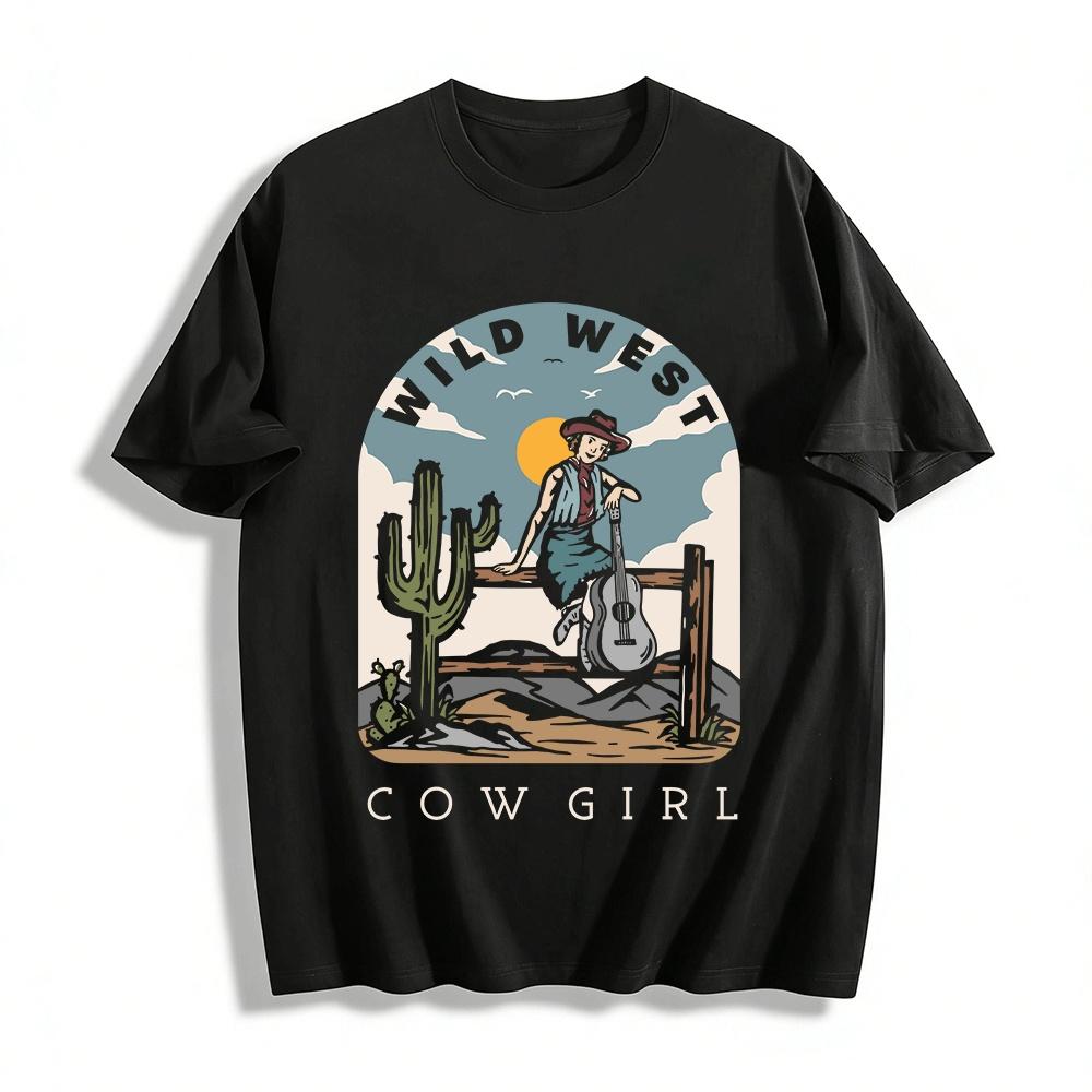 Vintage Wild West Cowgirl Print Casual Short Sleeve T-Shirt Pure cotton T-shirt XXS