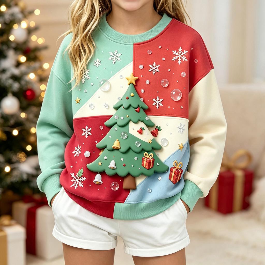 Boys Girls Christmas Sweatshirt - Print Long Sleeve Neck Casual Pullover for Fall Winter