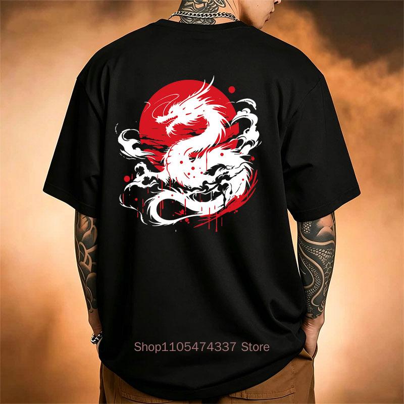 Japanese Dragon Print Tshirt For Unisex Summer Casual Fashion Harajuku High Street Tops Vintage Crew Neck Short Sleeve Cotton Tees