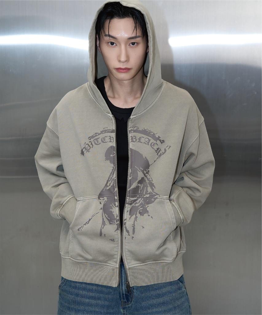 Pitchblack Vintage Pigment Printing Hood Zip Up (Beige)