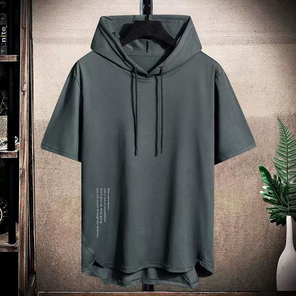 Solid Color Men's Hooded Short Sleeved T-shirt, Men's Summer Breathable Loose Hooded Sweatshirt, Men's Thin Fit Pullover Half Sleeved Sweatshirt