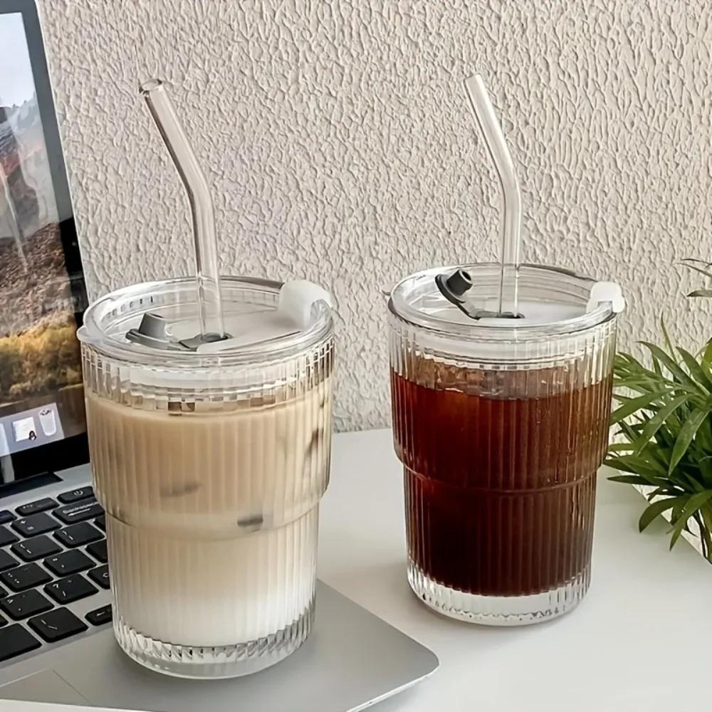 420ML Stripe Glass Cup Vertical Stripes Water Cup s With Lid and Straw Iced Coffee Cups Drinking Glasses For Juice, Milk, Tea