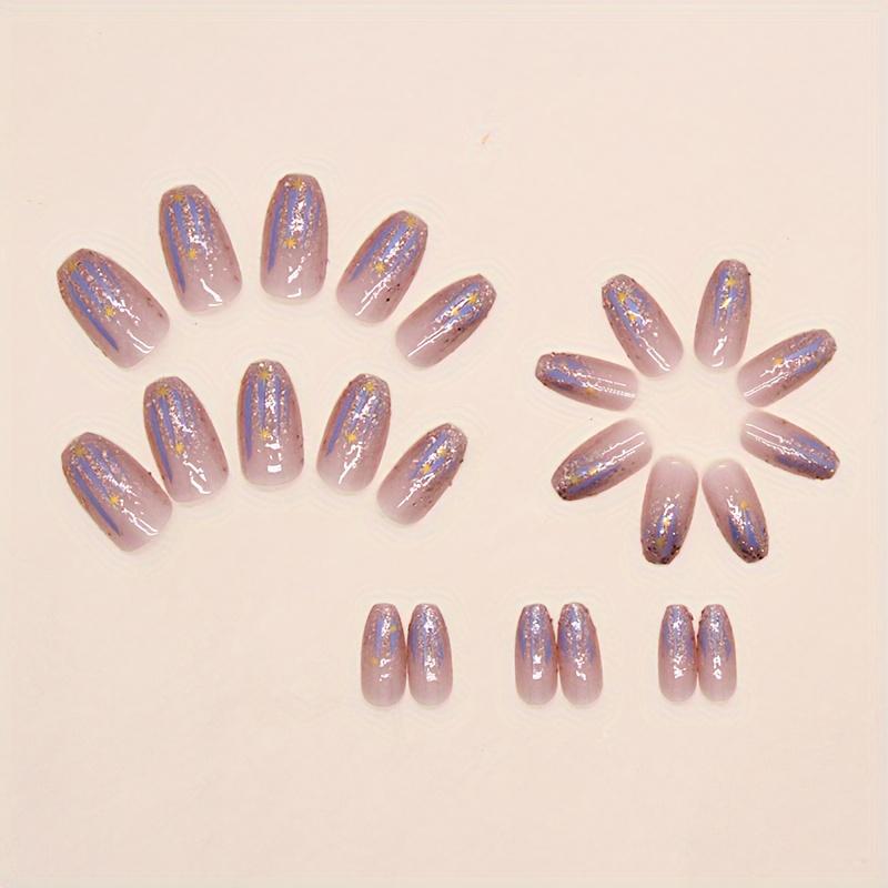 24pcs Short Coffin Ballet Press On Nails, Aurora Purple Gradient Fake Nails With Glitter Sequin,Full Cover False Nails For Women And Girls
