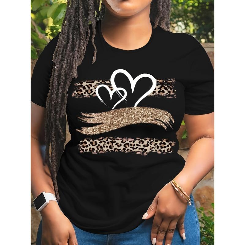 

European Size Women s Plus Size T-Shirt with Leopard Print Heart Design 4XL чорний