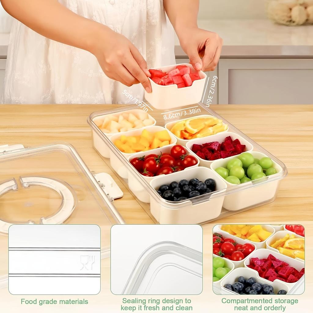 Portable Sectioned Snack Tray. Four-sided Snap-lock with a Sealed Lid. Suitable for Refrigerator and Kitchen Food Storage and Organization