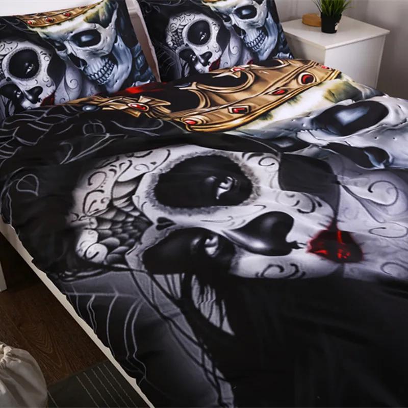 Σετ Κρεβατοκάμαρας Sugar Skull King Beauty Kiss Skull Πάπλωμα Σετ Κρεβατιού Μποέμ Πρίιτ Μαύρα Κλινοσκεπάσματα Queen Size Κρεβατοστρωσιά