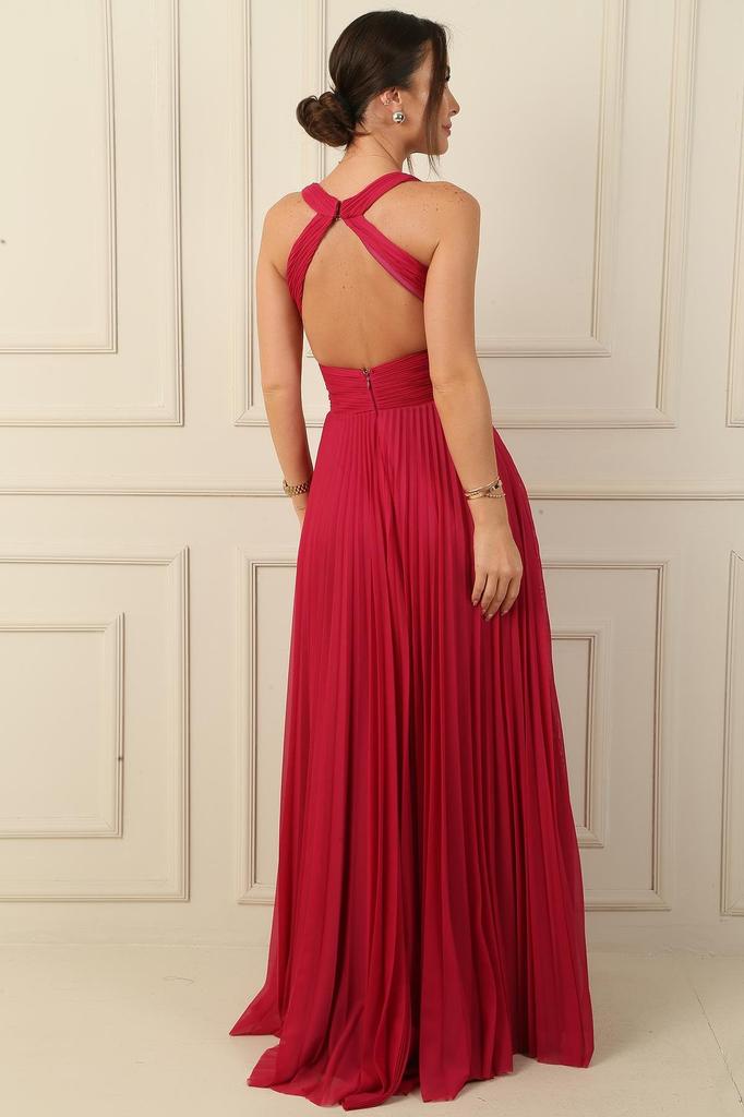 Backless Front Knot Detail Lined Pleated Long Chiffon Evening Dress