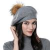 SOMALER Winter berets for women with real fox fur Pompom wool knitted beret