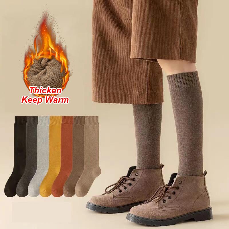 Chaussettes longues chaudes d'hiver pour femmes, chaussettes hautes en coton thermique épais, respirantes et solides, style Harajuku décontracté, en tissu éponge épais