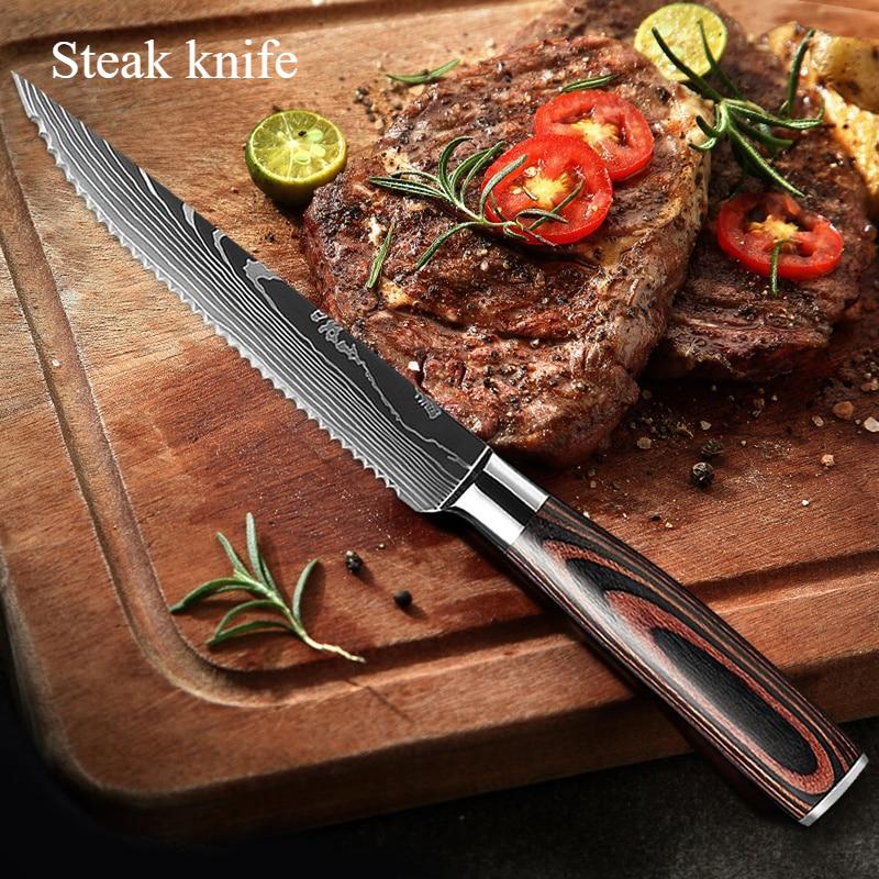 Western Steak Knife Damascus Pattern Stainless Steel Serrated Carving Knife Multi-functional Restaurant Tableware Chef's Knife
