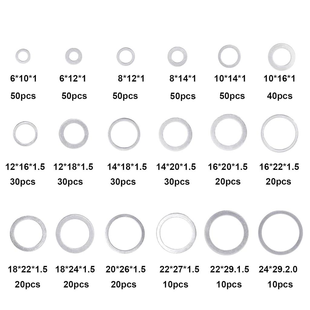 540Pcs Aluminum Flat Washer, Automotive Oil Drain Plug Crush Gasket Aluminum Sealing Rings M6 M8 M10 M12 M14 M16 M18 M22 M24