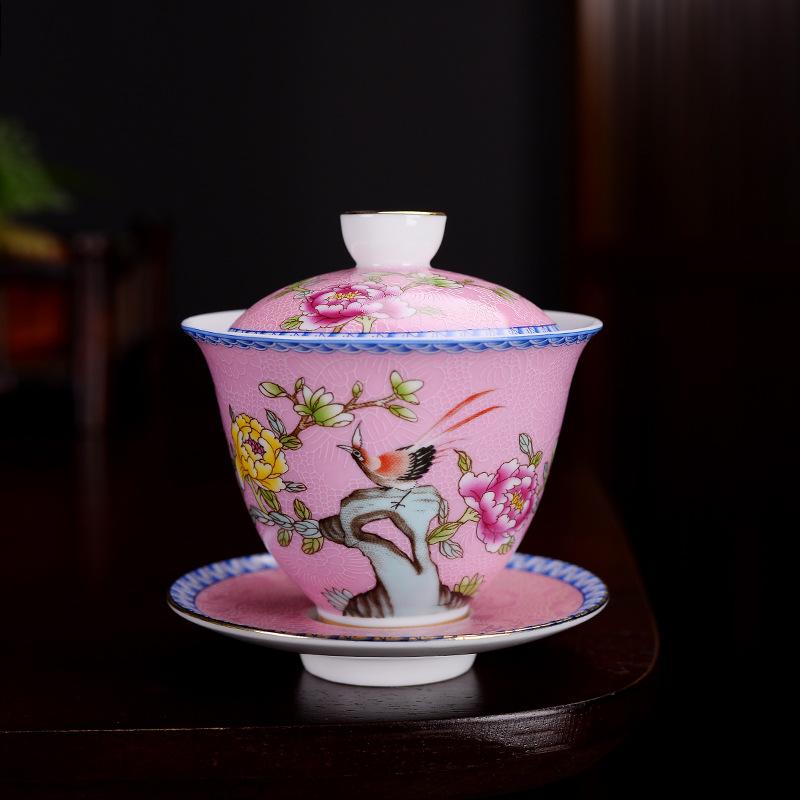 HMLOVE Color Enamel Sancai Gaiwan White Porcelain Cover Bowl Lid Saucer Kung Fu Tea Sets Handmade Tureen Travel Teaware Gift