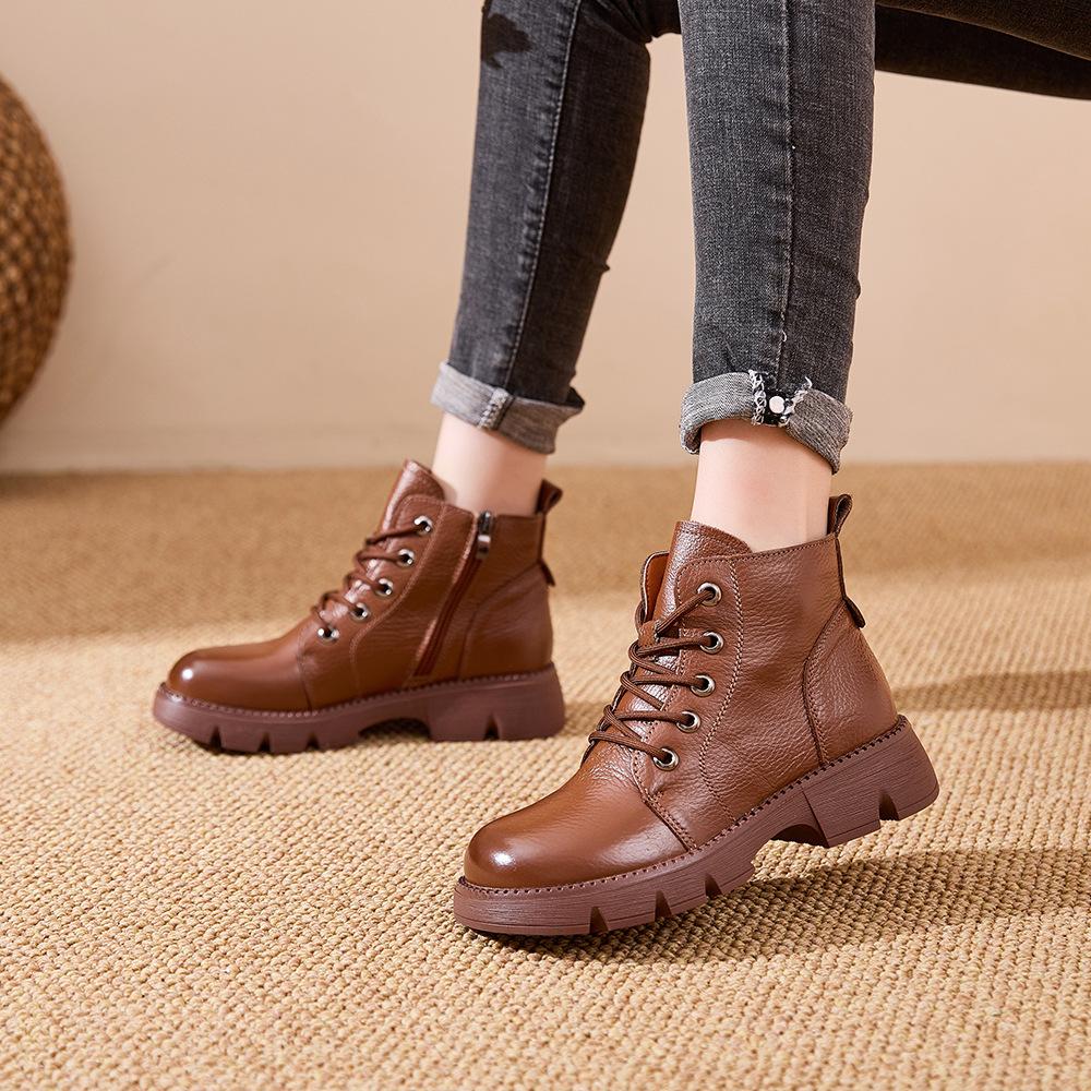 Women's large size soft elastic winter cowhide leather waterproof warm cold padded snow boots non-slip wear outdoor leisure sports Martin cotton boots