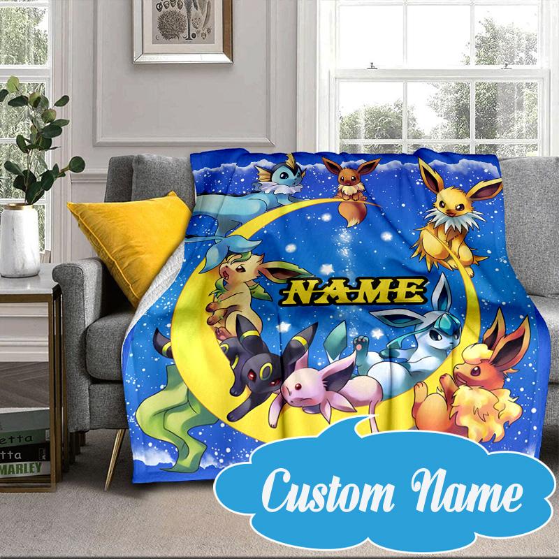 Custom Name Blanket Eeveelutions Moonlit Flannel blankets Patterns Throw Blanket All-Season Soft Gift for Couch, Bed, Camping Birthday gifts