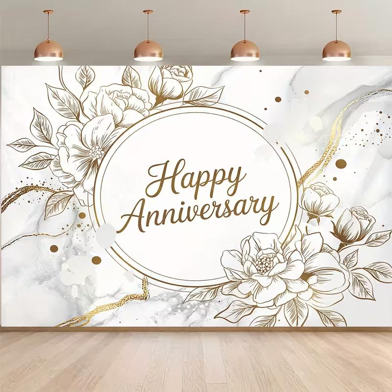 2D Happy Anniversary Backdrop White Marble Gold Floral Photography Background