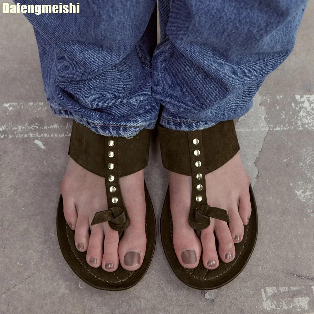 2025 Spring Summer New British Style Flip Flops Women Rivet Casual Flat Half-Slip French Sandals Slip On Flats Slides