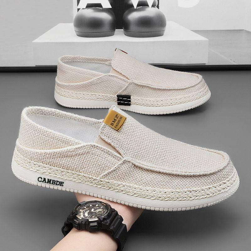 Spring and Summer New One-pedal Flat-soled Men's Shoes Straw-woven Linen Fisherman Shoes Low-top Foot-fitting Casual Men's Shoes