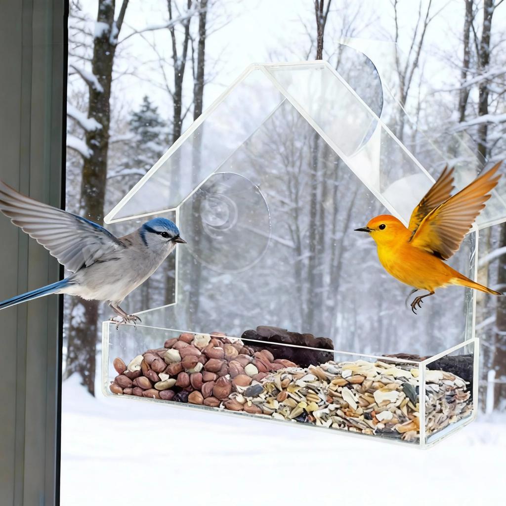 Comedero de Pájaros Acrílico con Ventana Transparente Colgante Exterior Casa Comedero para Pájaros con Ventosa para Jardín Exterior Patio Trasero Vida Silvestre Observación de Pájaros