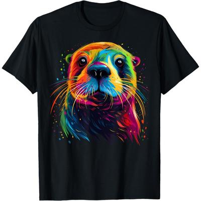 Otter Face Colorful River Sea Animal Art Lover Cute Black T-Shirt