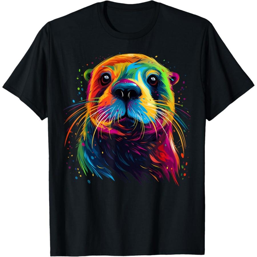 Otter Face Colorful River Sea Animal Art Lover Cute Black T-Shirt XXXXXL