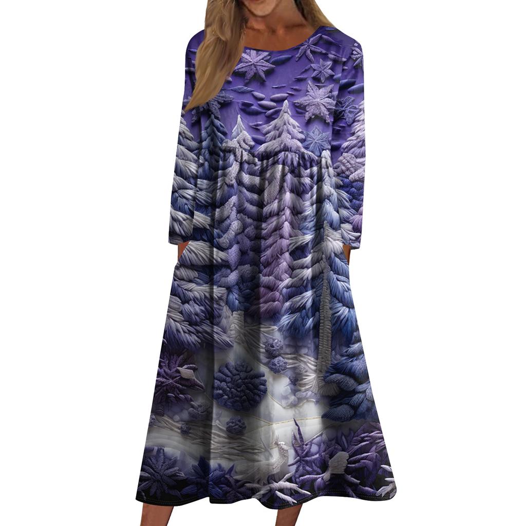 Women's Casual Crew-neck Christmas Print Mid-length Dress Long-sleeved Dress With Pocket