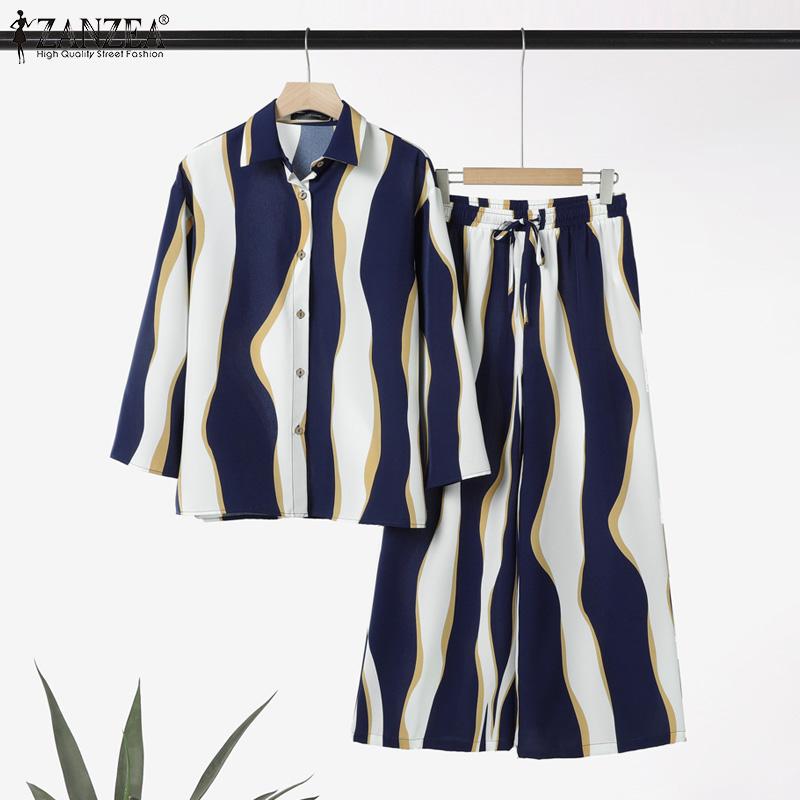 ZANZEA Women Long Sleeve Blouse and Pants Casual Print Two Piece Suit Sets