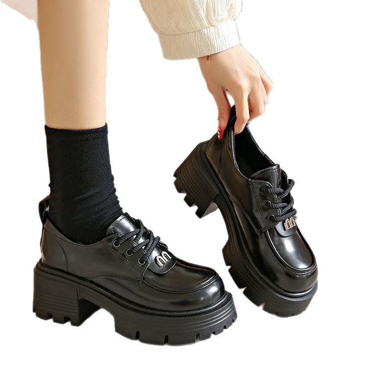 British Small Leather Shoes Women's 2025 Autumn New Versatile Platform Heightening Loafers High-end Lace-up Medium Heel Single Shoes