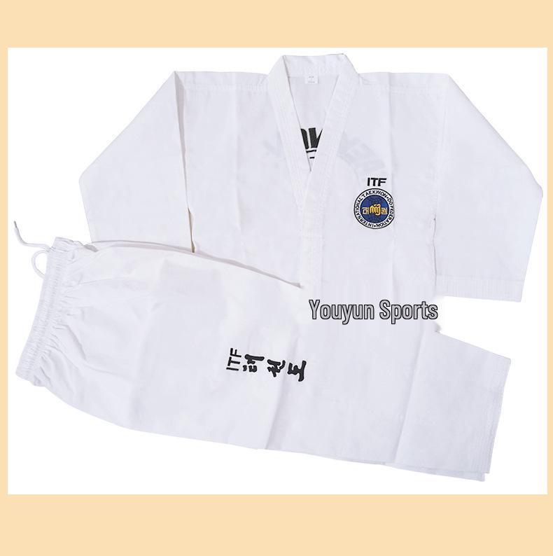 

ITF Taekwondo Dobok for Children & Adults - Striped Fabric, Long Style, Customizable Embroidery & Prints 130 cm білий