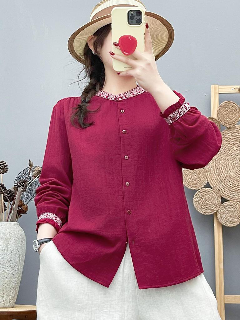 Women's Long Sleeve Stand Collar Embroidered Cotton Gauze Shirt - Ethnic Style, New Chinese Trend