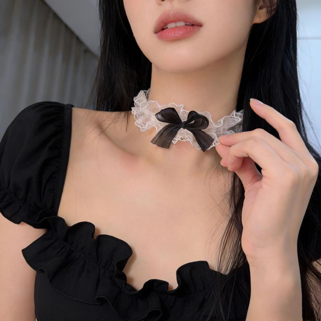 Zoete Satijnen Lint Choker Ketting met Parel Hart Hanger & Doorzichtig Ruche Rand – Schattige Coquette/Kawaii Kraag Sieraden voor Vrouwen