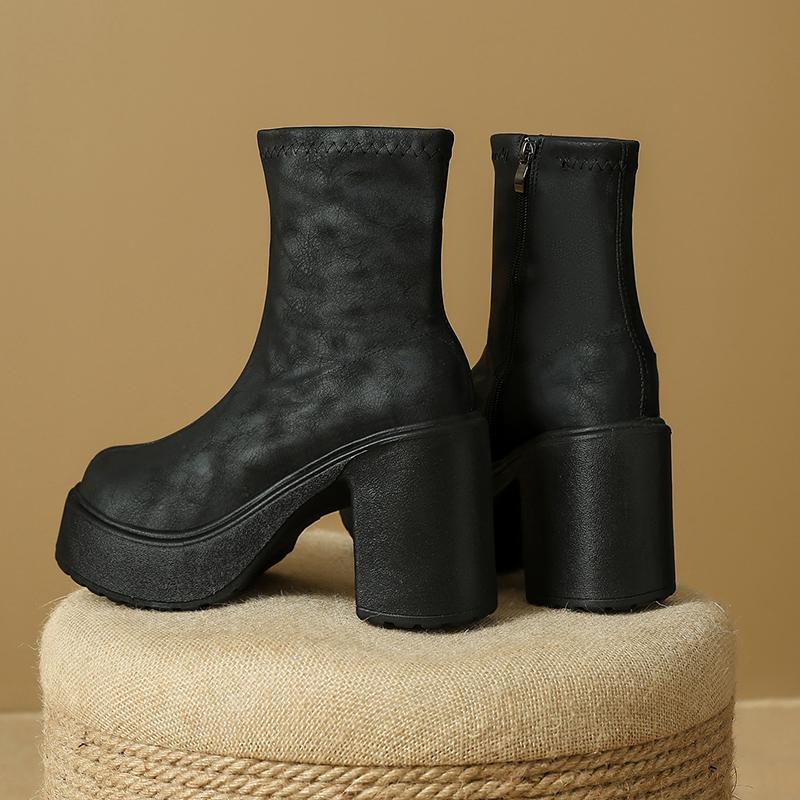 Block Heel Platform Skinny Elastic Boots European and American Retro Super High Heel Small Man Platform Hate Sky High Booties