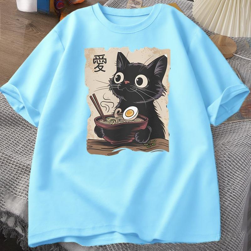 Funny Cat RaUnisex Graphic Tee Japanese Kawaii Anime Cat TShirt Cotton Short Sleeve Oversized Loose Short Sleeve Tee Streetwear