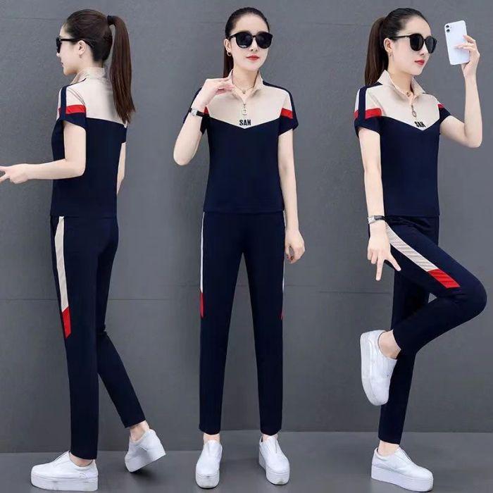 

Женская летняя повседневная спортивная одежда 2025: Костюм для бега с коротким рукавом и воротником-стойкой, комплект из двух предметов 4XL (for 80-85 kg) темно-синий