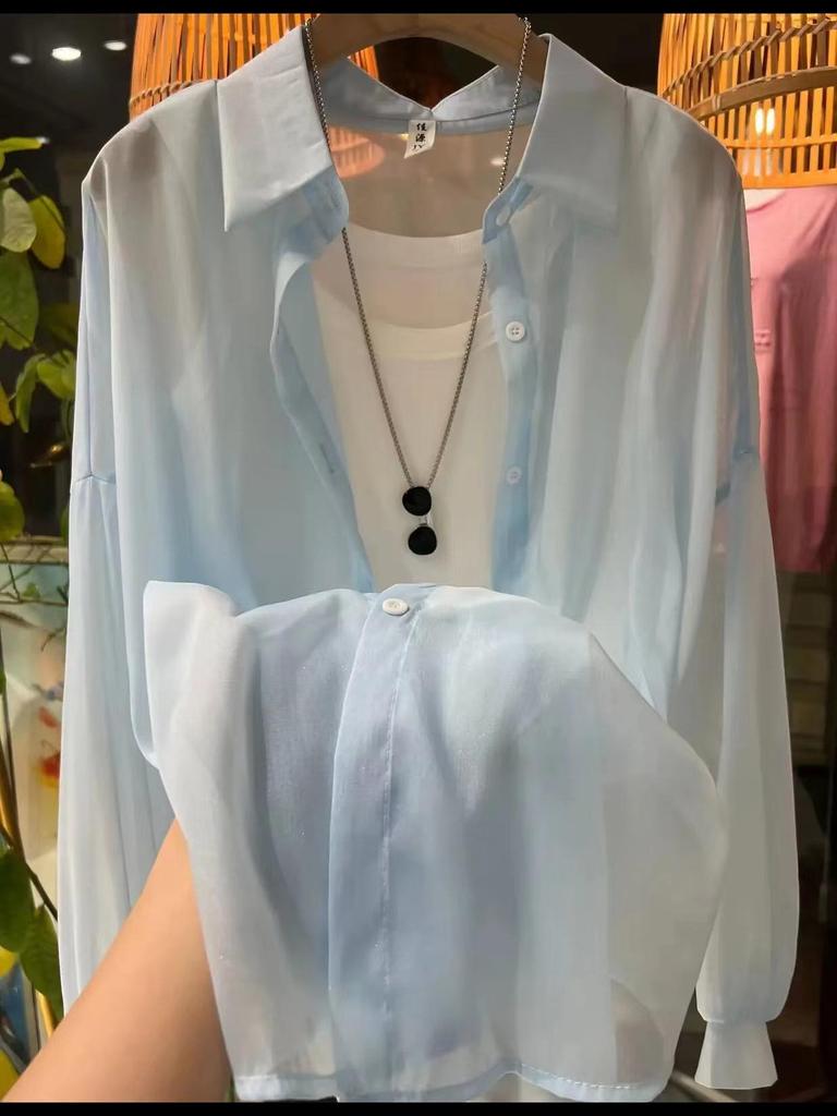 Dámská košile s dlouhým rukávem z šifonu s UV ochranou - Korejský styl, Volný střih, Střední délka, Jaro/Léto