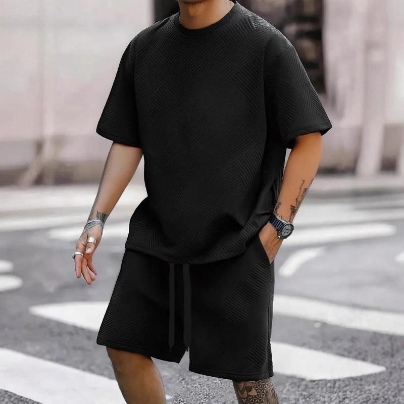 Mens Plus Size Crew Neck Short Sleeve Loose Sports T Shirt And Shorts Set